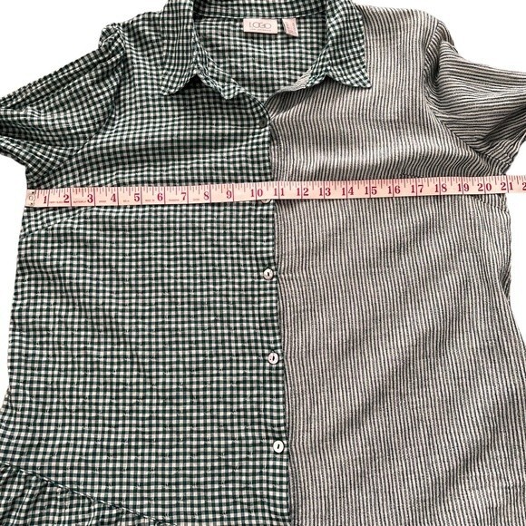 LOGO by Lori Goldstein Green Gingham Striped Ruffled Button Up Long Sleeve Small - Picture 13 of 14